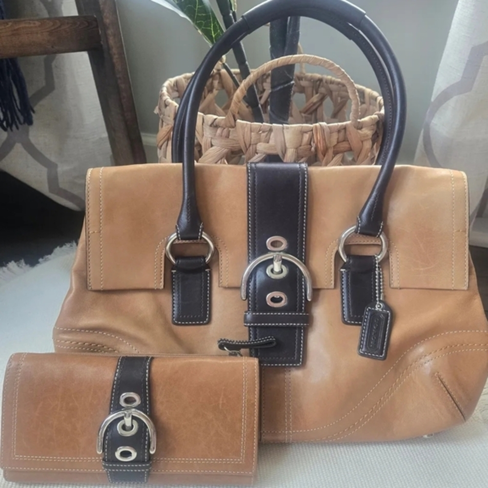 Coach Tan and Brown Leather Satchel with Silver Buckle and Wallet